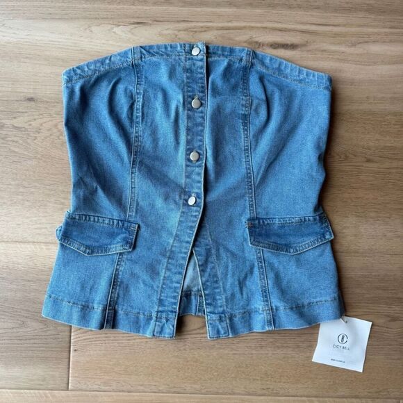 NWT Cicy Bell Women’s Light Wash Denim Strapless Vest Button Down Top Large - Picture 2 of 4